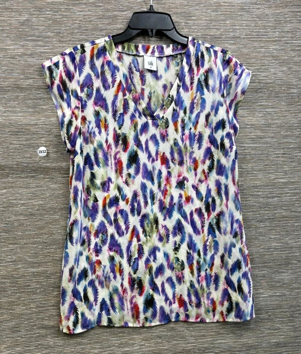 Cabi Plume Feather Blouse Top Womens Size M White Multicolor Cap Sleeve V-Neck